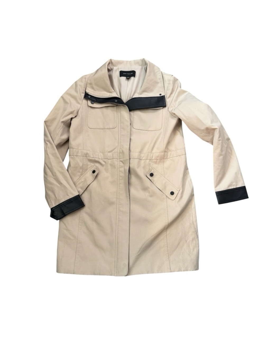 Ann Taylor Beige Trench Coat with Black Trim Accents - Picture 2 of 5